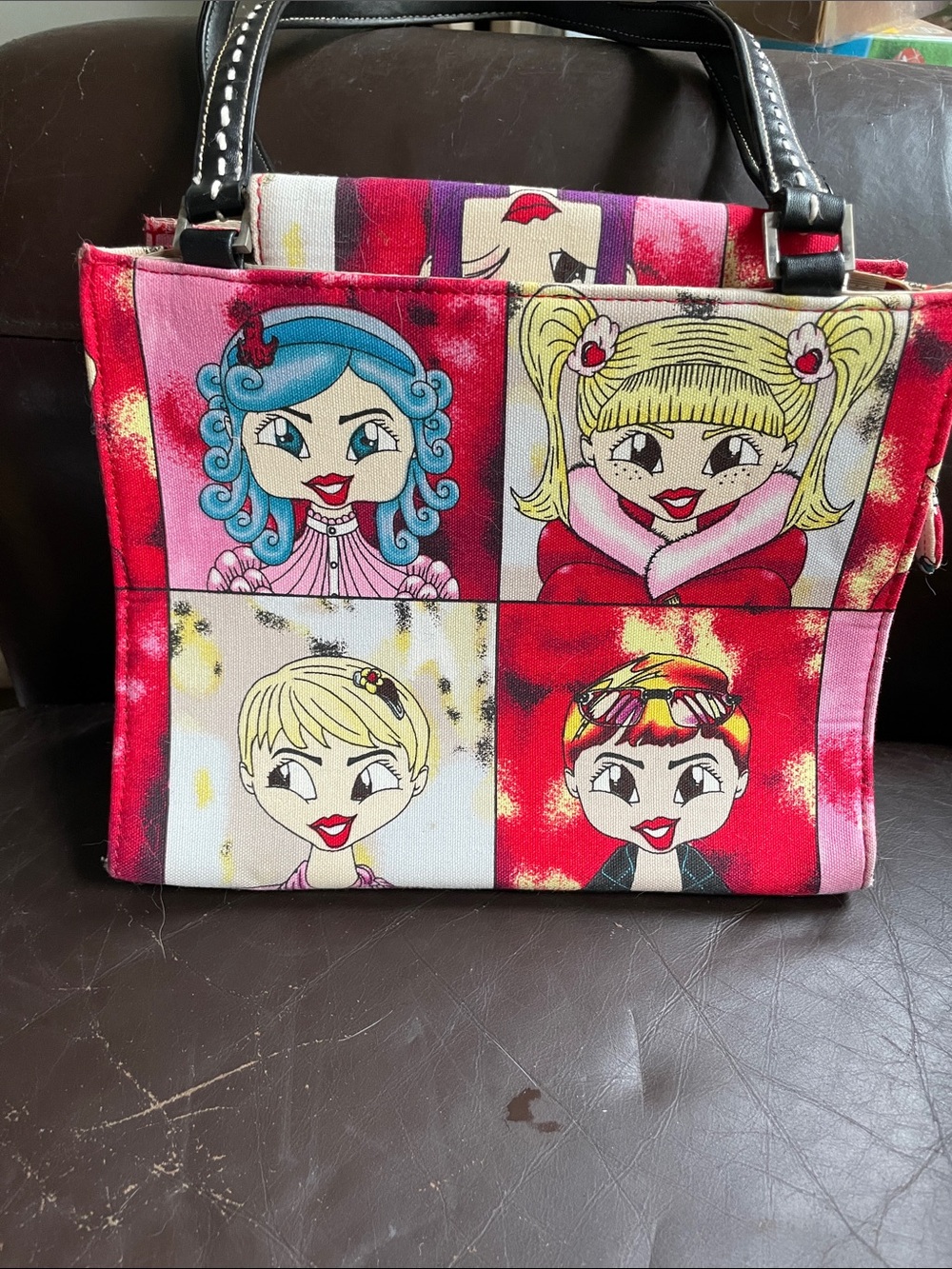 Colorful Cartoon Panel Shoulder Bag - Pink & Red